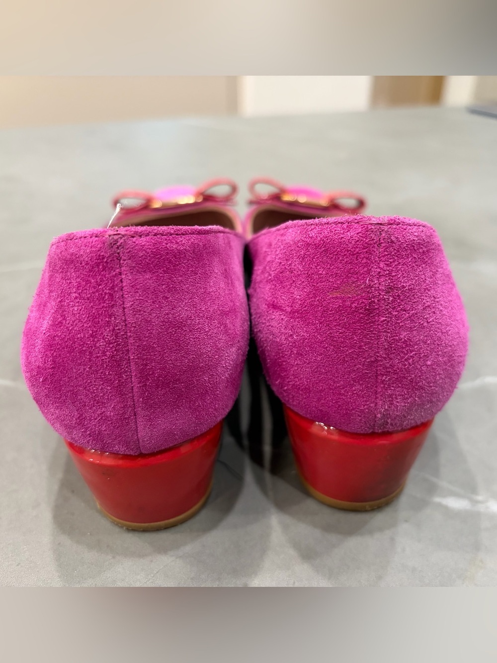 Salvatore Ferragamo Suede Ballet Flats in Fuchsia with Red Bow - Picture 7 of 11